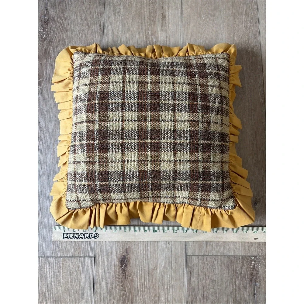 Vintage Boho Patchwork Ruffled Square‎ Pillows Mustard Orange Brown Set of 2